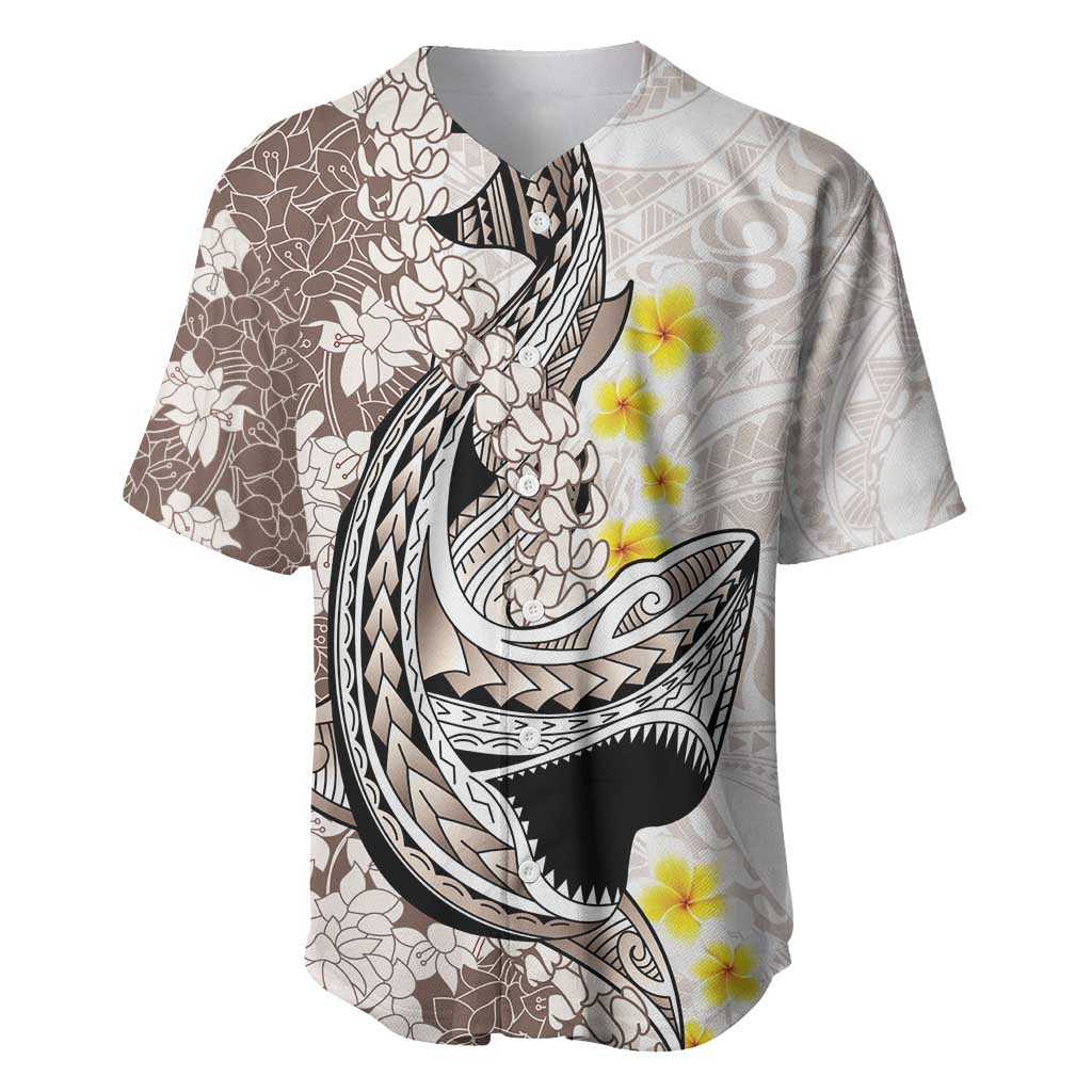 Brown and White Hawaii Shark Tattoo Baseball Jersey Puakenikeni Lei Plumeria Polynesian Pattern - Polynesian Pride