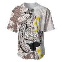 Brown and White Hawaii Shark Tattoo Baseball Jersey Puakenikeni Lei Plumeria Polynesian Pattern - Polynesian Pride
