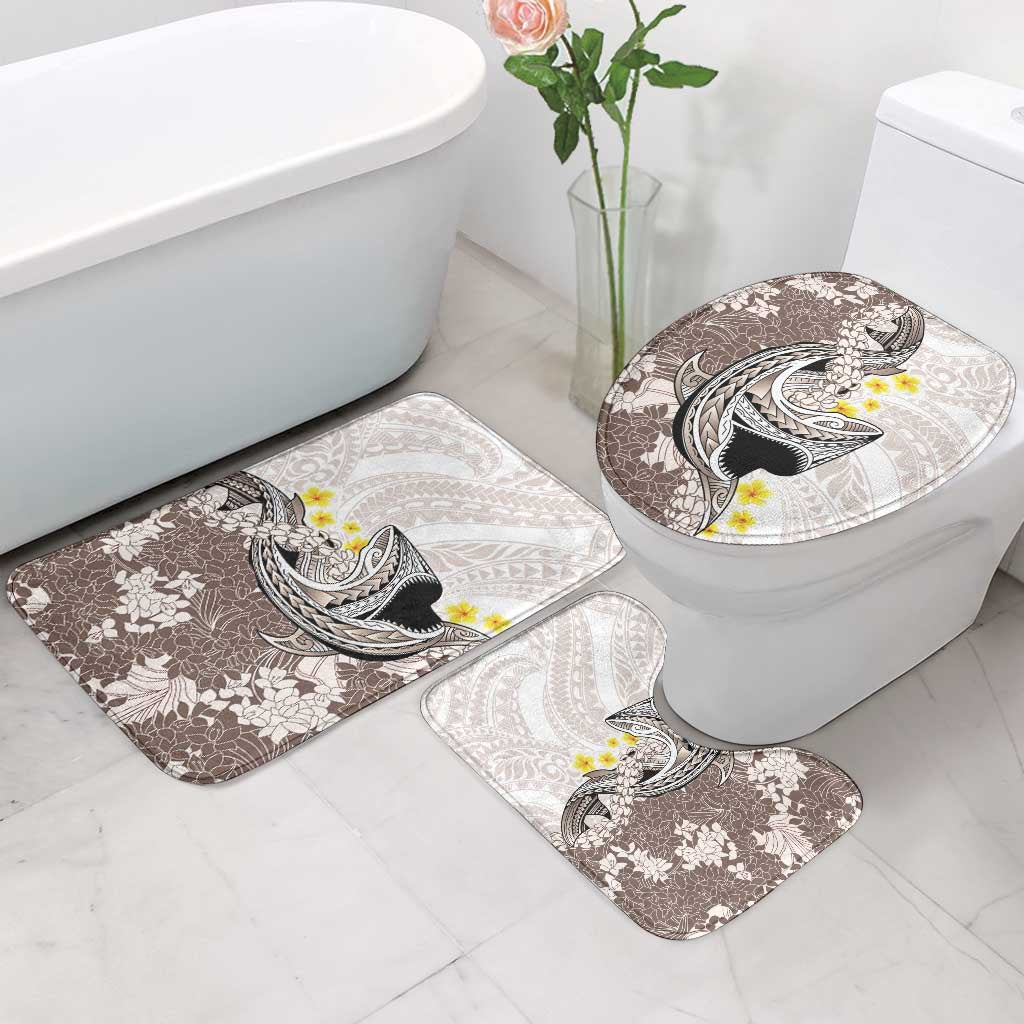Brown and White Hawaii Shark Tattoo Bathroom Set Puakenikeni Lei Plumeria Polynesian Pattern - Polynesian Pride