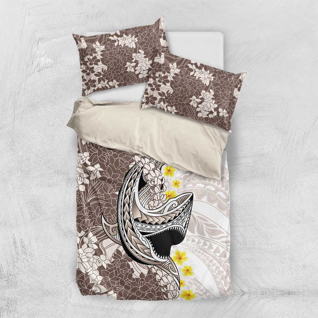 Brown and White Hawaii Shark Tattoo Bedding Set Puakenikeni Lei Plumeria Polynesian Pattern - Polynesian Pride