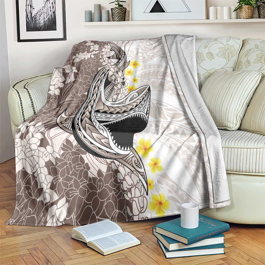 Brown and White Hawaii Shark Tattoo Blanket Puakenikeni Lei Plumeria Polynesian Pattern - Polynesian Pride