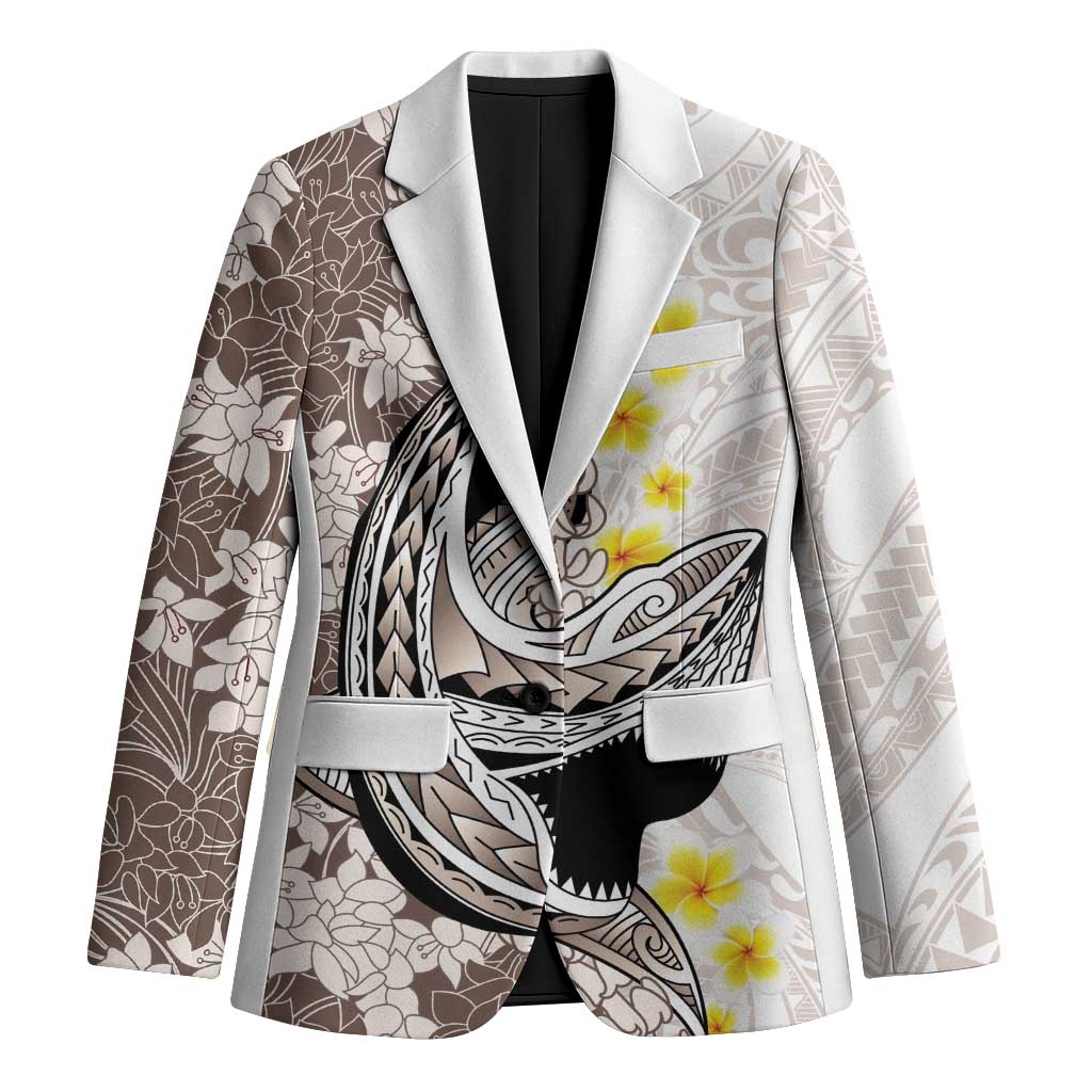 Brown and White Hawaii Shark Tattoo Blazer Puakenikeni Lei Plumeria Polynesian Pattern - Polynesian Pride