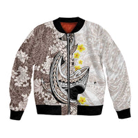 Brown and White Hawaii Shark Tattoo Bomber Jacket Puakenikeni Lei Plumeria Polynesian Pattern - Polynesian Pride