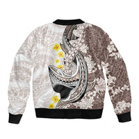Brown and White Hawaii Shark Tattoo Bomber Jacket Puakenikeni Lei Plumeria Polynesian Pattern - Polynesian Pride