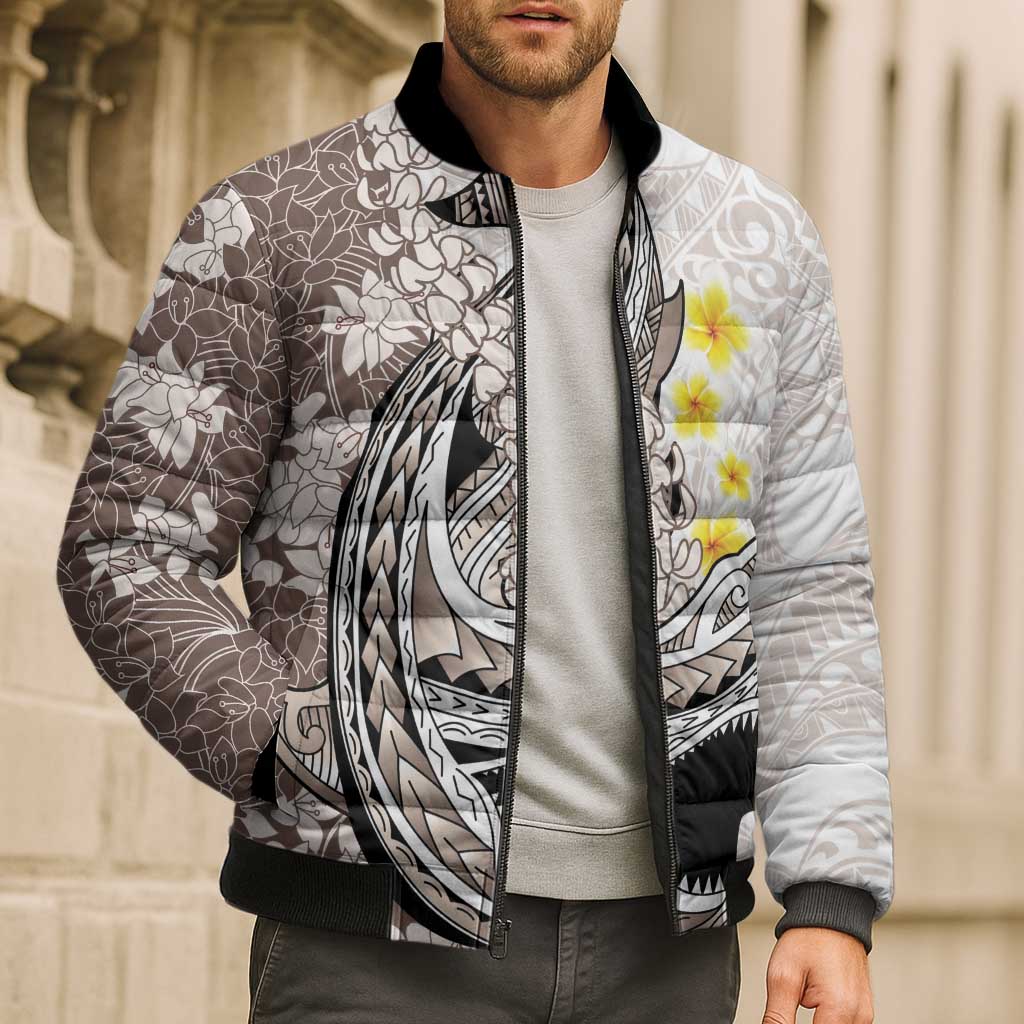 Brown and White Hawaii Shark Tattoo Bomber Puffer Jacket Puakenikeni Lei Plumeria Polynesian Pattern - Polynesian Pride