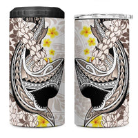Brown and White Hawaii Shark Tattoo 4 in 1 Can Cooler Tumbler Puakenikeni Lei Plumeria Polynesian Pattern - Polynesian Pride
