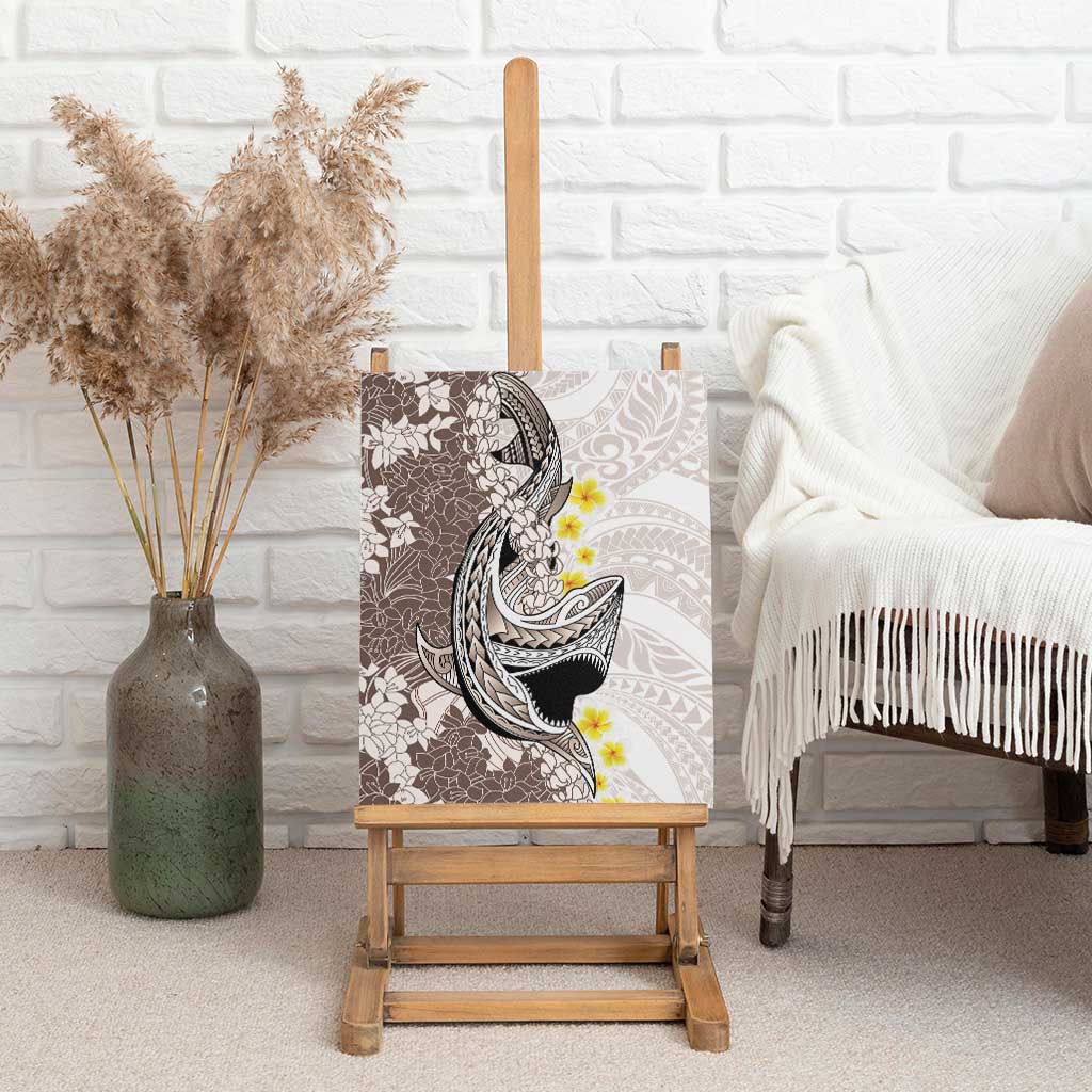 Brown and White Hawaii Shark Tattoo Canvas Wall Art Puakenikeni Lei Plumeria Polynesian Pattern - Polynesian Pride