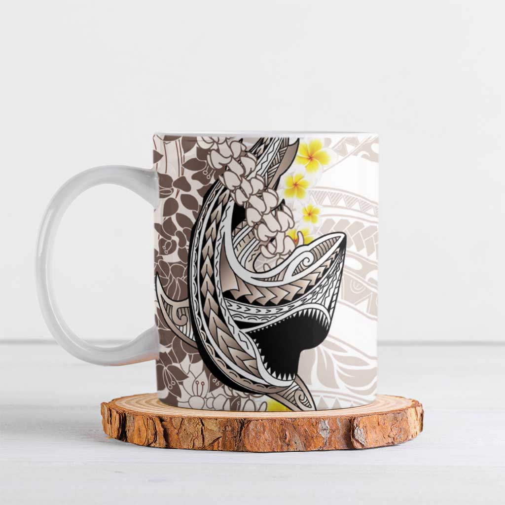 Brown and White Hawaii Shark Tattoo Ceramic Mug Puakenikeni Lei Plumeria Polynesian Pattern - Polynesian Pride