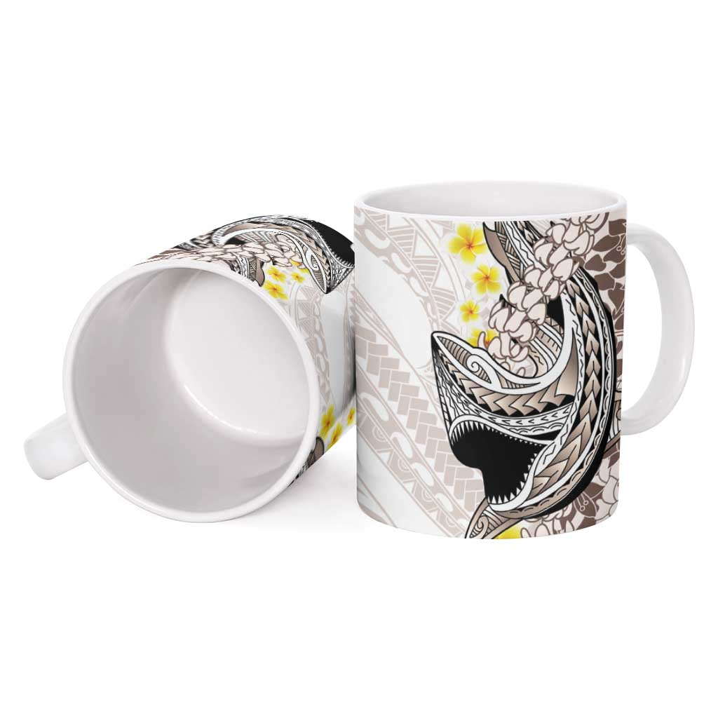 Brown and White Hawaii Shark Tattoo Ceramic Mug Puakenikeni Lei Plumeria Polynesian Pattern - Polynesian Pride