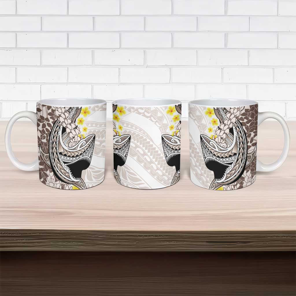Brown and White Hawaii Shark Tattoo Ceramic Mug Puakenikeni Lei Plumeria Polynesian Pattern - Polynesian Pride
