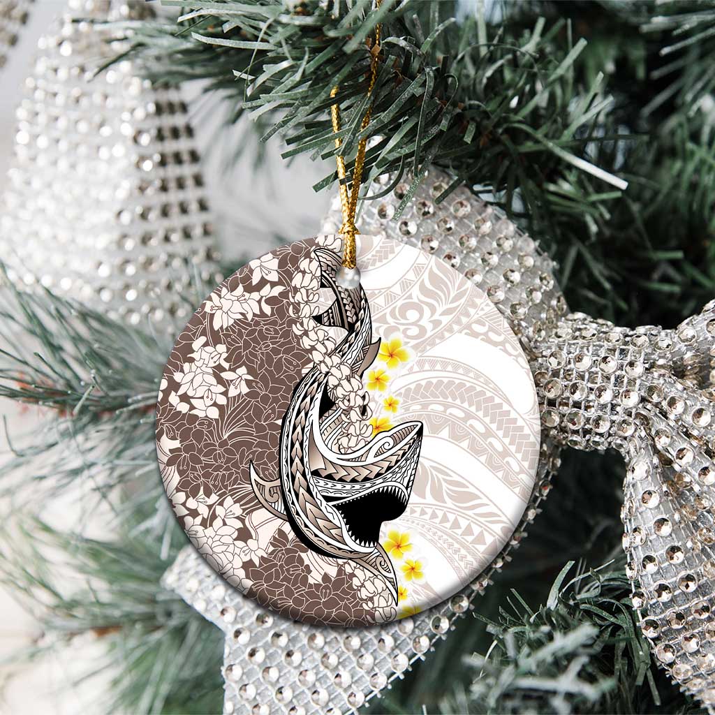 Brown and White Hawaii Shark Tattoo Ceramic Ornament Puakenikeni Lei Plumeria Polynesian Pattern - Polynesian Pride