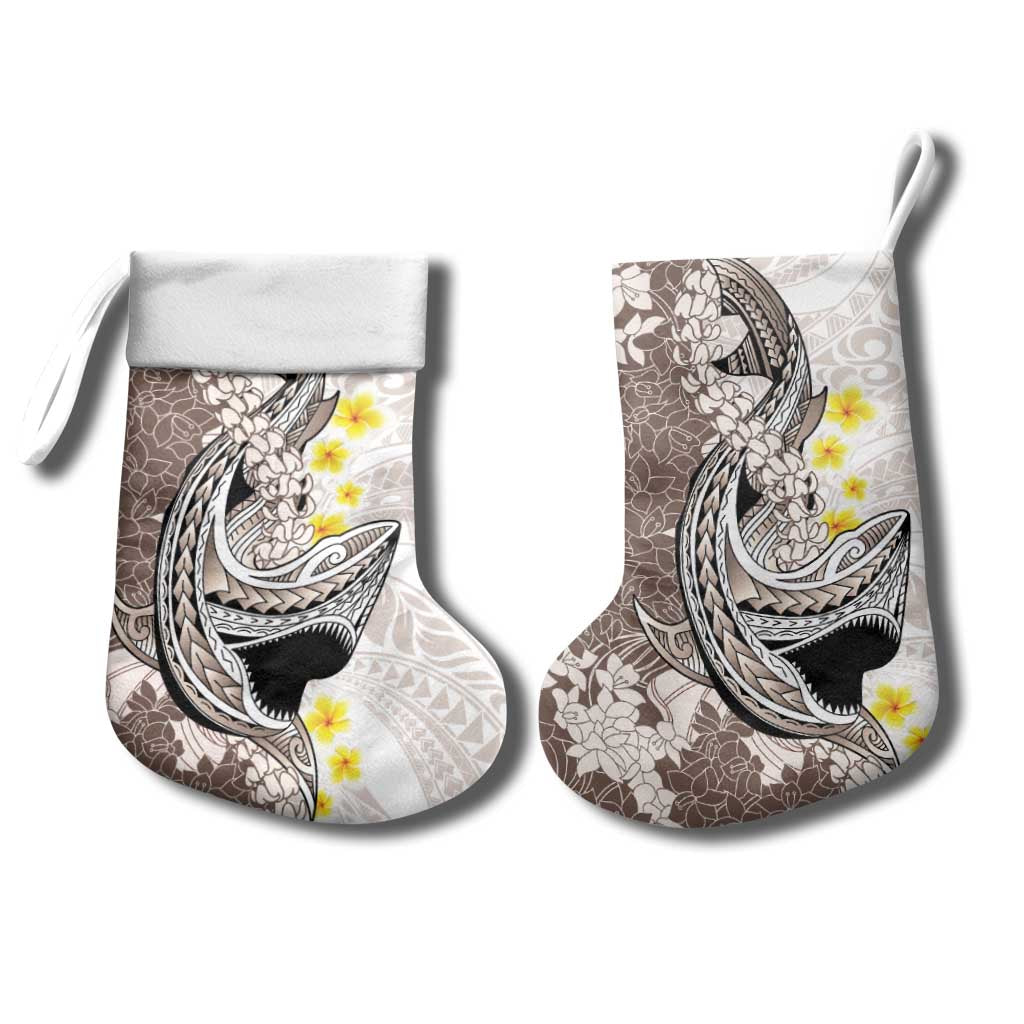 Brown and White Hawaii Shark Tattoo Christmas Stocking Puakenikeni Lei Plumeria Polynesian Pattern - Polynesian Pride