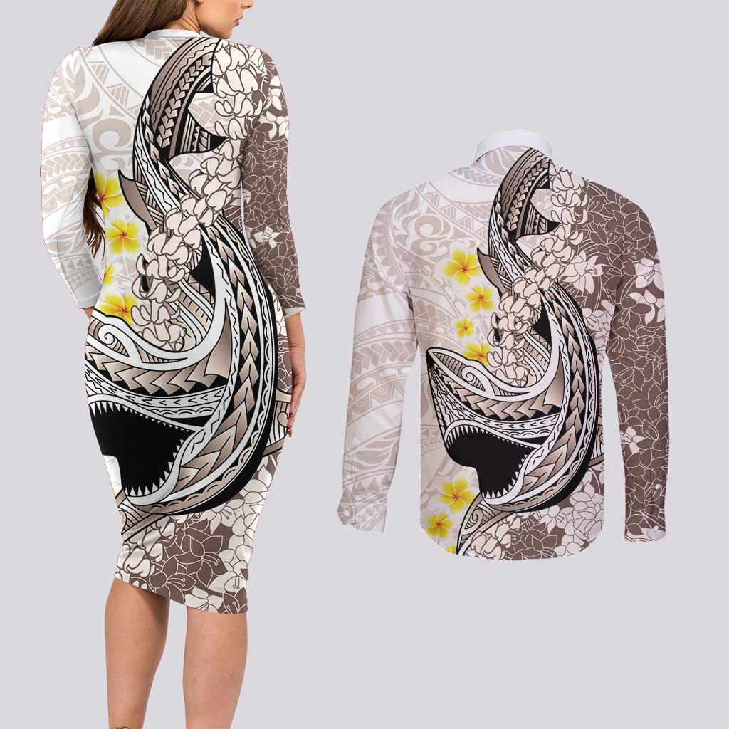 Brown and White Hawaii Shark Tattoo Couples Matching Long Sleeve Bodycon Dress and Long Sleeve Button Shirt Puakenikeni Lei Plumeria Polynesian Pattern - Polynesian Pride