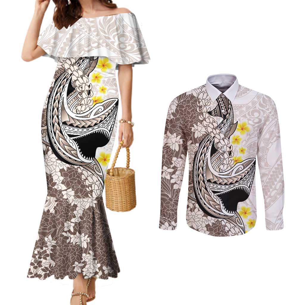 Brown and White Hawaii Shark Tattoo Couples Matching Mermaid Dress and Long Sleeve Button Shirt Puakenikeni Lei Plumeria Polynesian Pattern - Polynesian Pride