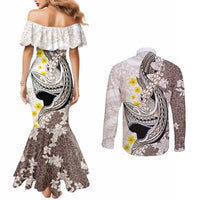 Brown and White Hawaii Shark Tattoo Couples Matching Mermaid Dress and Long Sleeve Button Shirt Puakenikeni Lei Plumeria Polynesian Pattern - Polynesian Pride