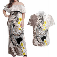 Brown and White Hawaii Shark Tattoo Couples Matching Off Shoulder Maxi Dress and Hawaiian Shirt Puakenikeni Lei Plumeria Polynesian Pattern - Polynesian Pride