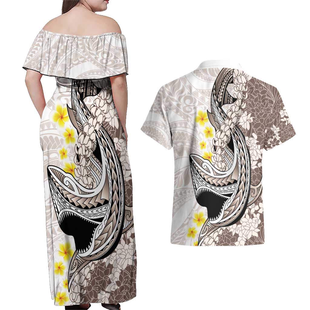 Brown and White Hawaii Shark Tattoo Couples Matching Off Shoulder Maxi Dress and Hawaiian Shirt Puakenikeni Lei Plumeria Polynesian Pattern - Polynesian Pride