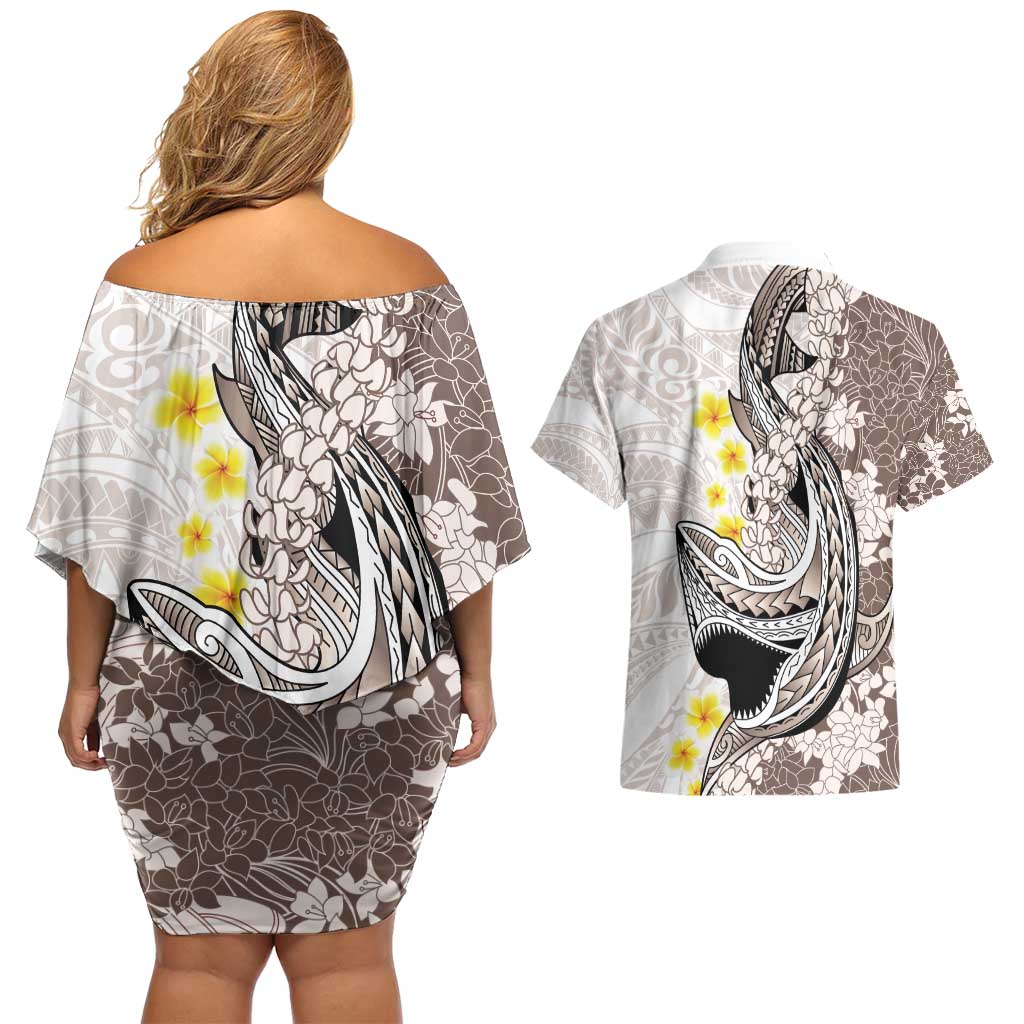 Brown and White Hawaii Shark Tattoo Couples Matching Off Shoulder Short Dress and Hawaiian Shirt Puakenikeni Lei Plumeria Polynesian Pattern - Polynesian Pride