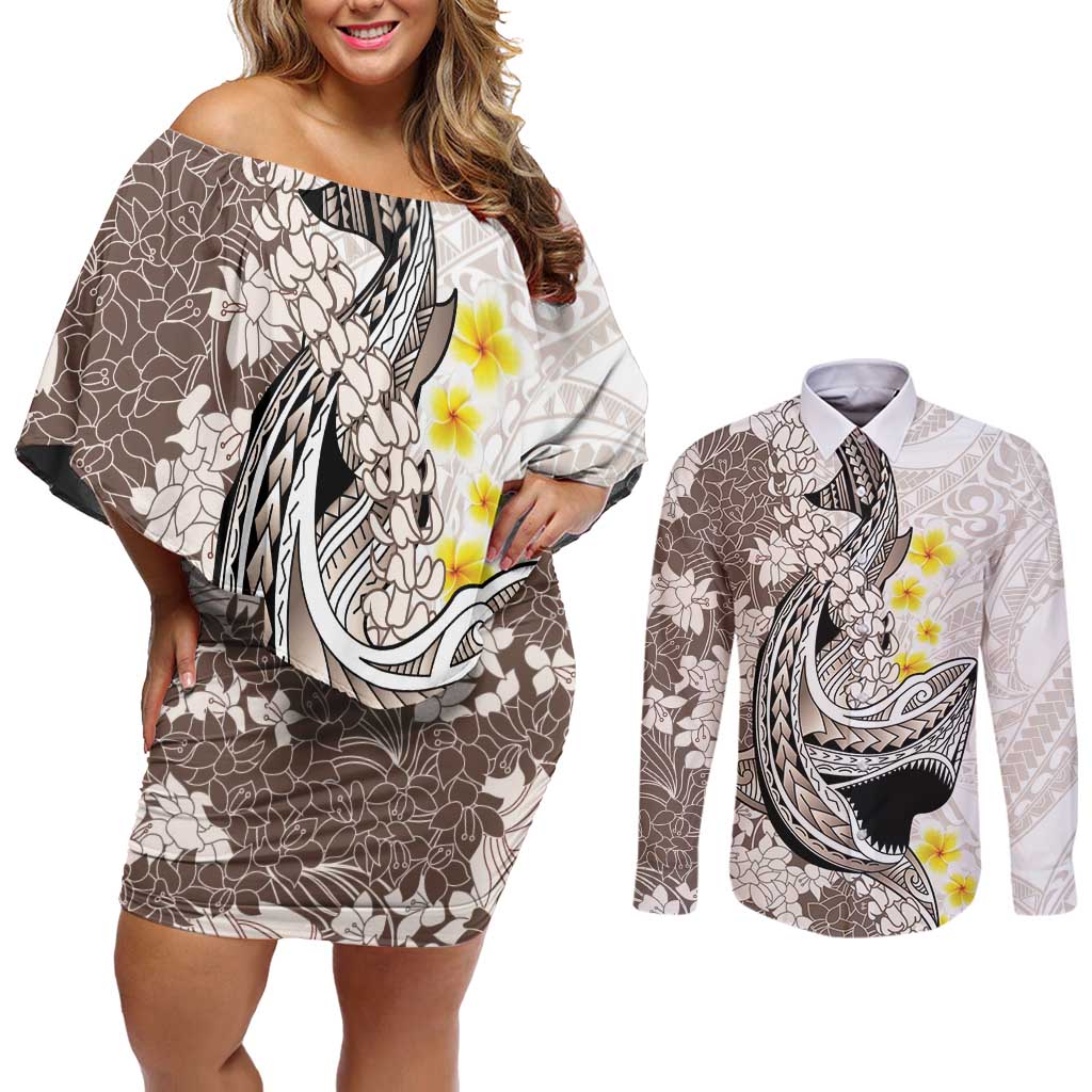 Brown and White Hawaii Shark Tattoo Couples Matching Off Shoulder Short Dress and Long Sleeve Button Shirt Puakenikeni Lei Plumeria Polynesian Pattern - Polynesian Pride