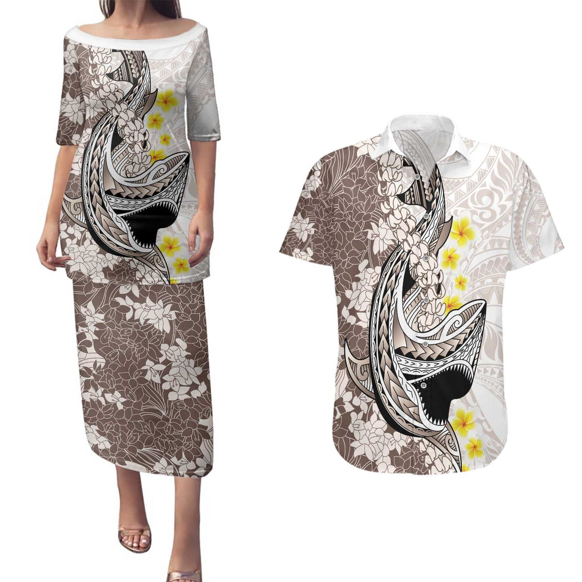 Brown and White Hawaii Shark Tattoo Couples Matching Puletasi and Hawaiian Shirt Puakenikeni Lei Plumeria Polynesian Pattern - Polynesian Pride