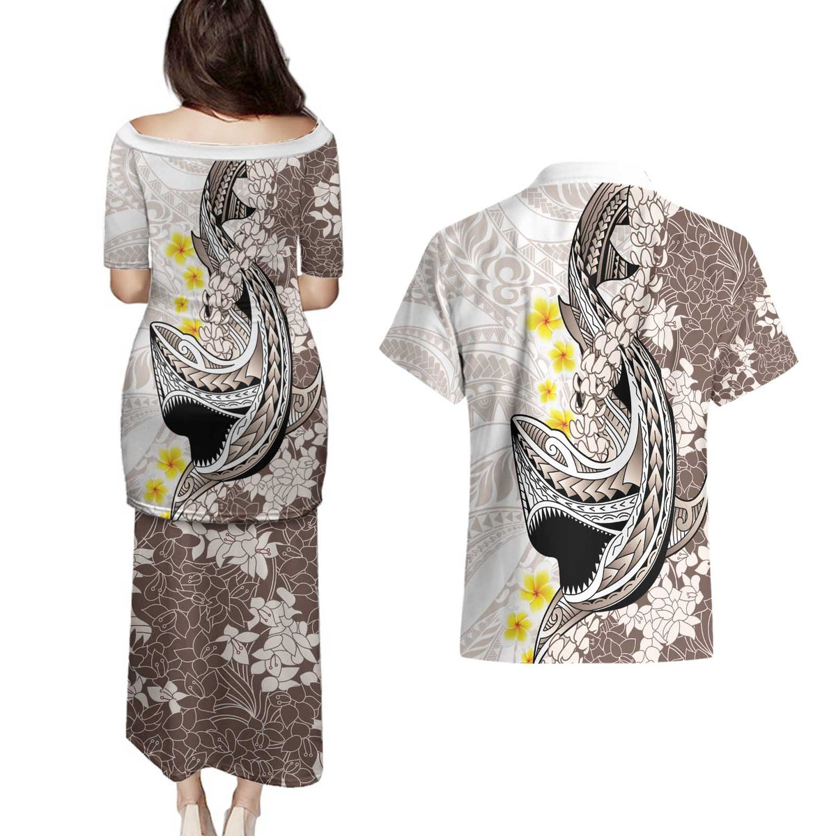 Brown and White Hawaii Shark Tattoo Couples Matching Puletasi and Hawaiian Shirt Puakenikeni Lei Plumeria Polynesian Pattern - Polynesian Pride