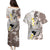 Brown and White Hawaii Shark Tattoo Couples Matching Puletasi and Hawaiian Shirt Puakenikeni Lei Plumeria Polynesian Pattern - Polynesian Pride