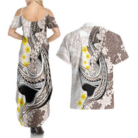 Brown and White Hawaii Shark Tattoo Couples Matching Summer Maxi Dress and Hawaiian Shirt Puakenikeni Lei Plumeria Polynesian Pattern - Polynesian Pride