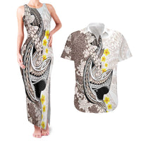 Brown and White Hawaii Shark Tattoo Couples Matching Tank Maxi Dress and Hawaiian Shirt Puakenikeni Lei Plumeria Polynesian Pattern - Polynesian Pride
