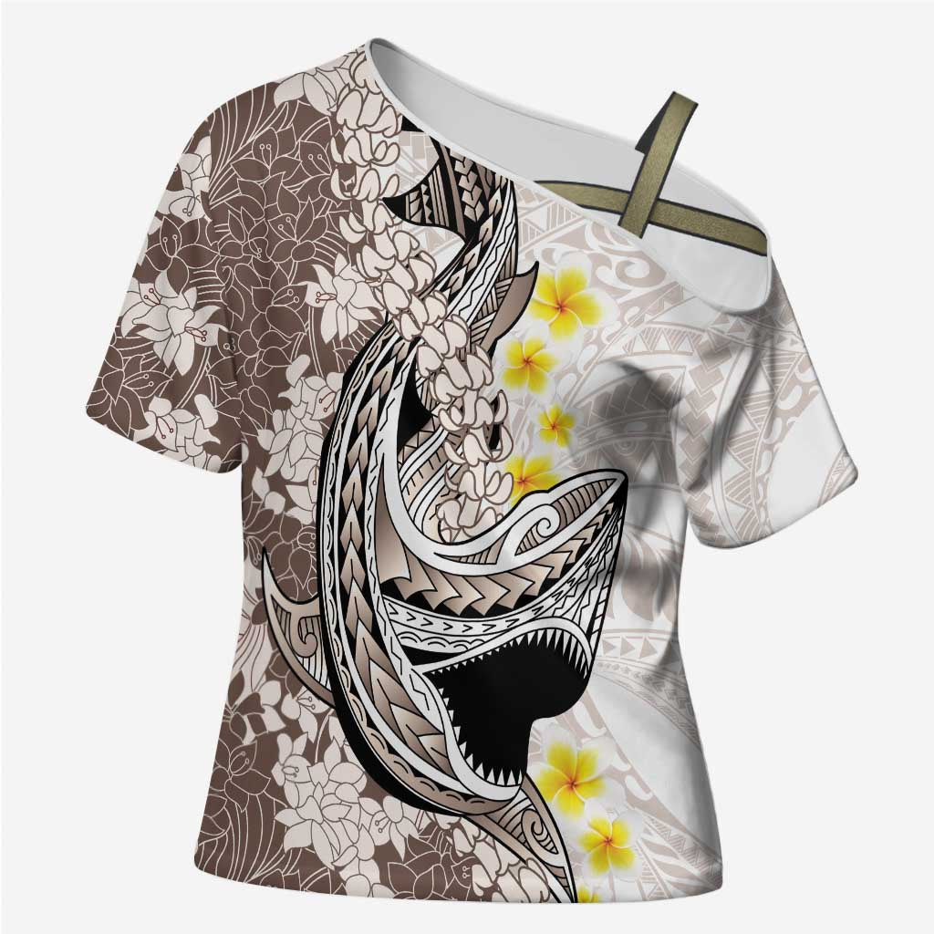 Brown and White Hawaii Shark Tattoo Cross Shoulder Shirt Puakenikeni Lei Plumeria Polynesian Pattern - Polynesian Pride