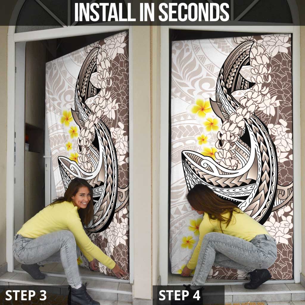 Brown and White Hawaii Shark Tattoo Door Cover Puakenikeni Lei Plumeria Polynesian Pattern - Polynesian Pride