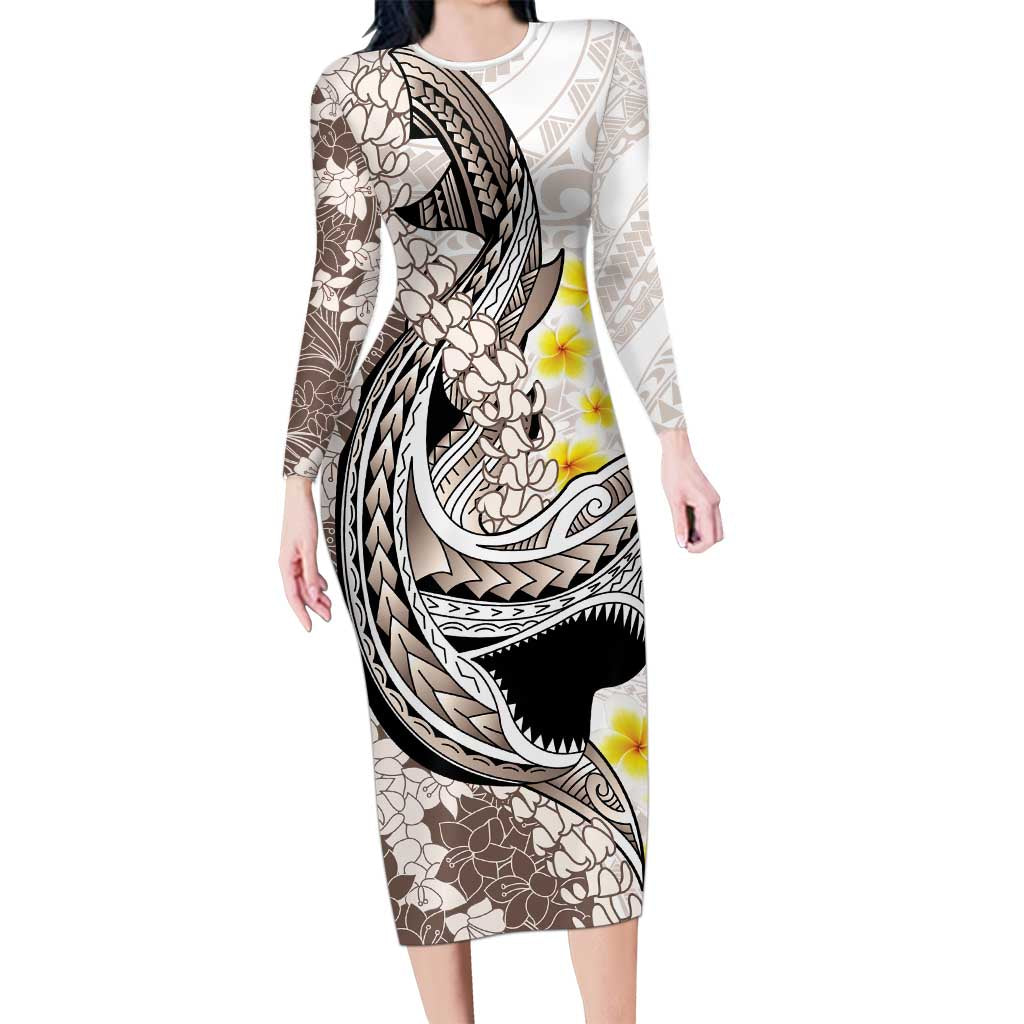 Brown and White Hawaii Shark Tattoo Family Matching Long Sleeve Bodycon Dress and Hawaiian Shirt Puakenikeni Lei Plumeria Polynesian Pattern - Polynesian Pride