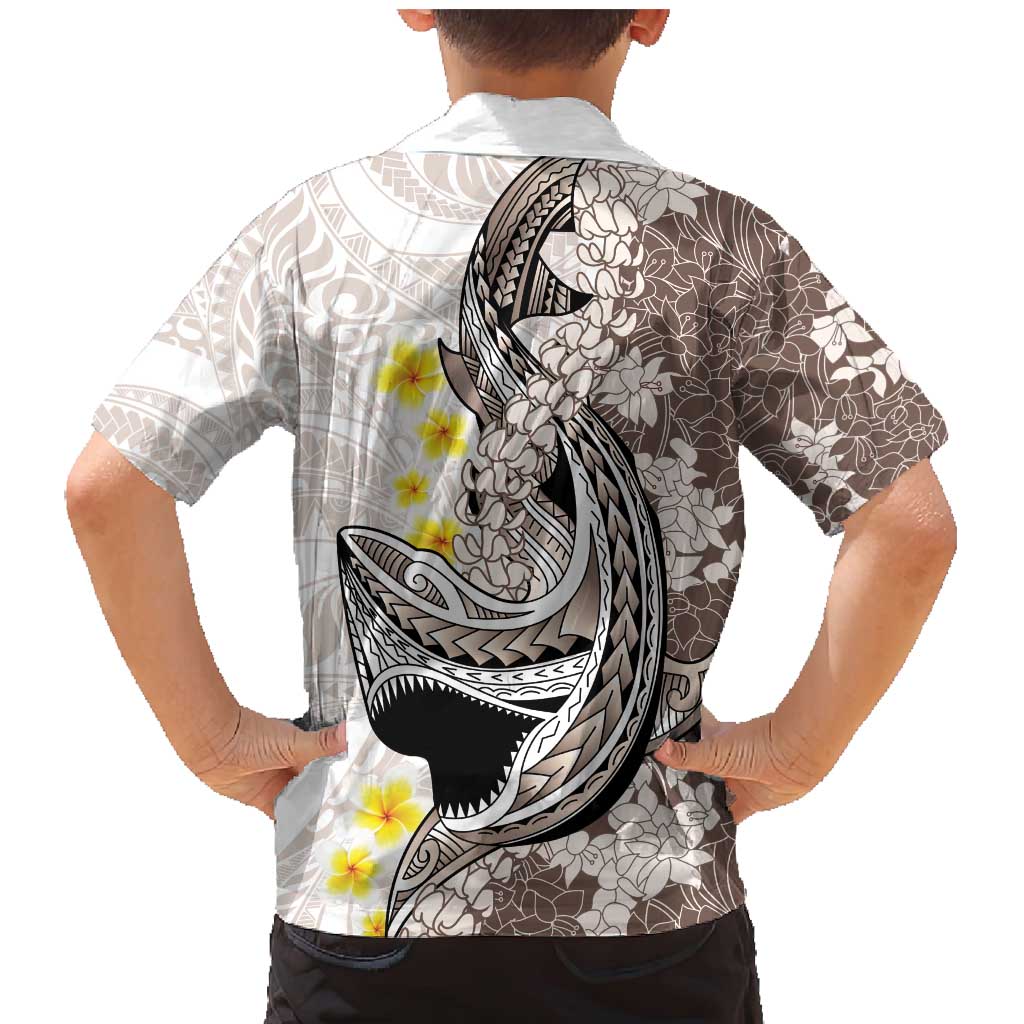 Brown and White Hawaii Shark Tattoo Family Matching Mermaid Dress and Hawaiian Shirt Puakenikeni Lei Plumeria Polynesian Pattern - Polynesian Pride