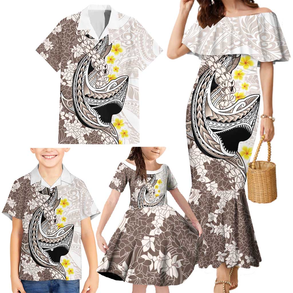 Brown and White Hawaii Shark Tattoo Family Matching Mermaid Dress and Hawaiian Shirt Puakenikeni Lei Plumeria Polynesian Pattern - Polynesian Pride