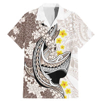 Brown and White Hawaii Shark Tattoo Family Matching Mermaid Dress and Hawaiian Shirt Puakenikeni Lei Plumeria Polynesian Pattern - Polynesian Pride