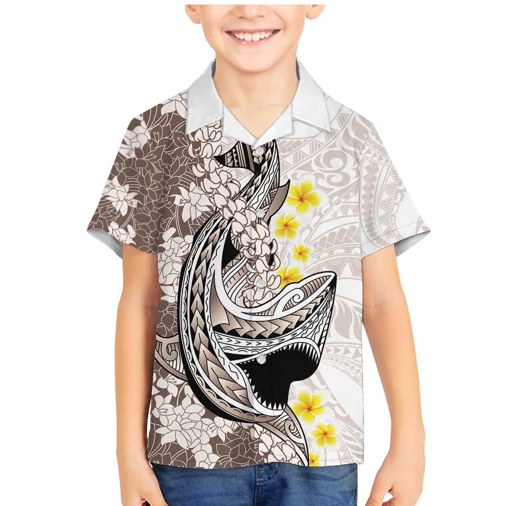 Brown and White Hawaii Shark Tattoo Family Matching Mermaid Dress and Hawaiian Shirt Puakenikeni Lei Plumeria Polynesian Pattern - Polynesian Pride