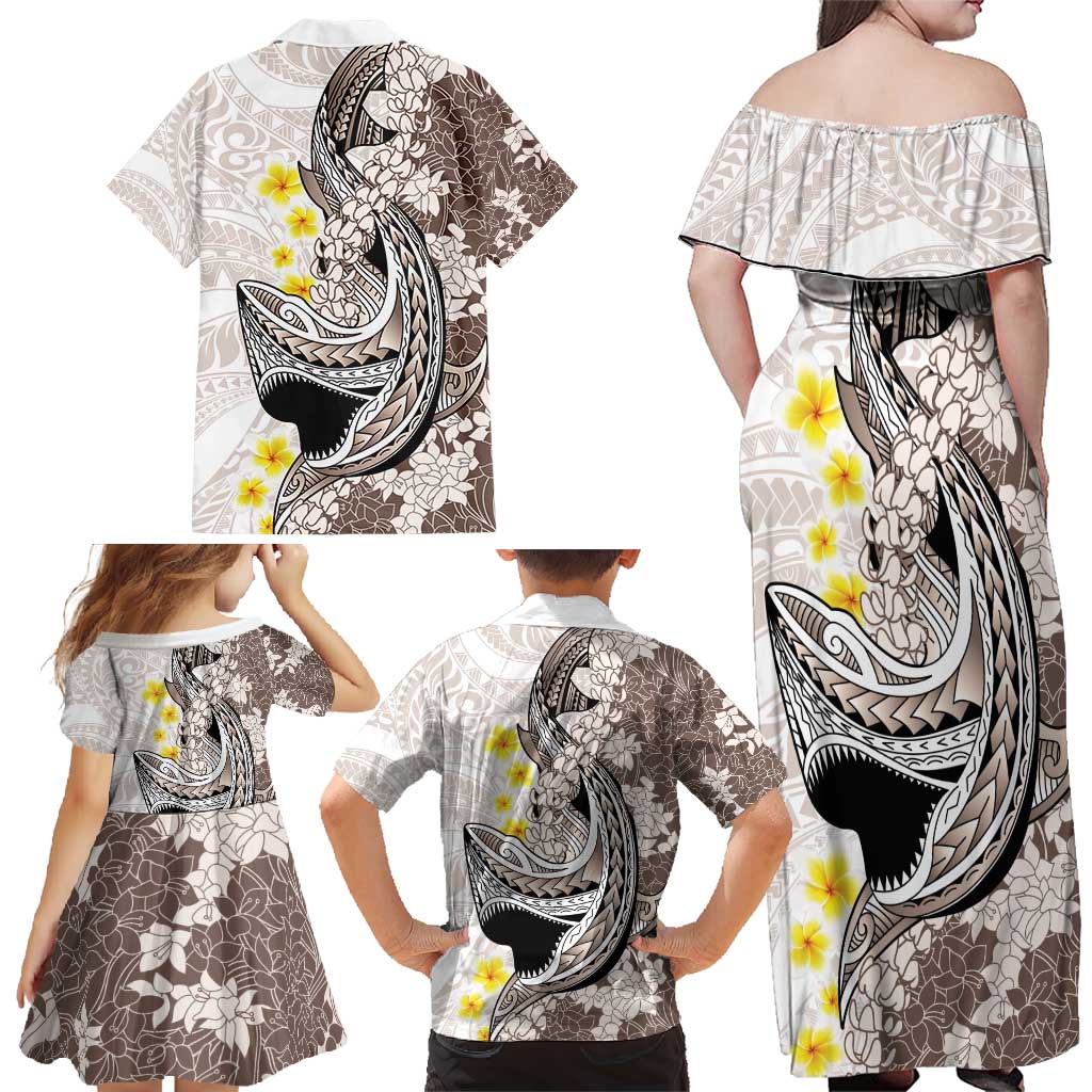 Brown and White Hawaii Shark Tattoo Family Matching Off Shoulder Maxi Dress and Hawaiian Shirt Puakenikeni Lei Plumeria Polynesian Pattern - Polynesian Pride
