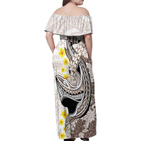 Brown and White Hawaii Shark Tattoo Family Matching Off Shoulder Maxi Dress and Hawaiian Shirt Puakenikeni Lei Plumeria Polynesian Pattern - Polynesian Pride