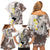 Brown and White Hawaii Shark Tattoo Family Matching Off Shoulder Short Dress and Hawaiian Shirt Puakenikeni Lei Plumeria Polynesian Pattern - Polynesian Pride