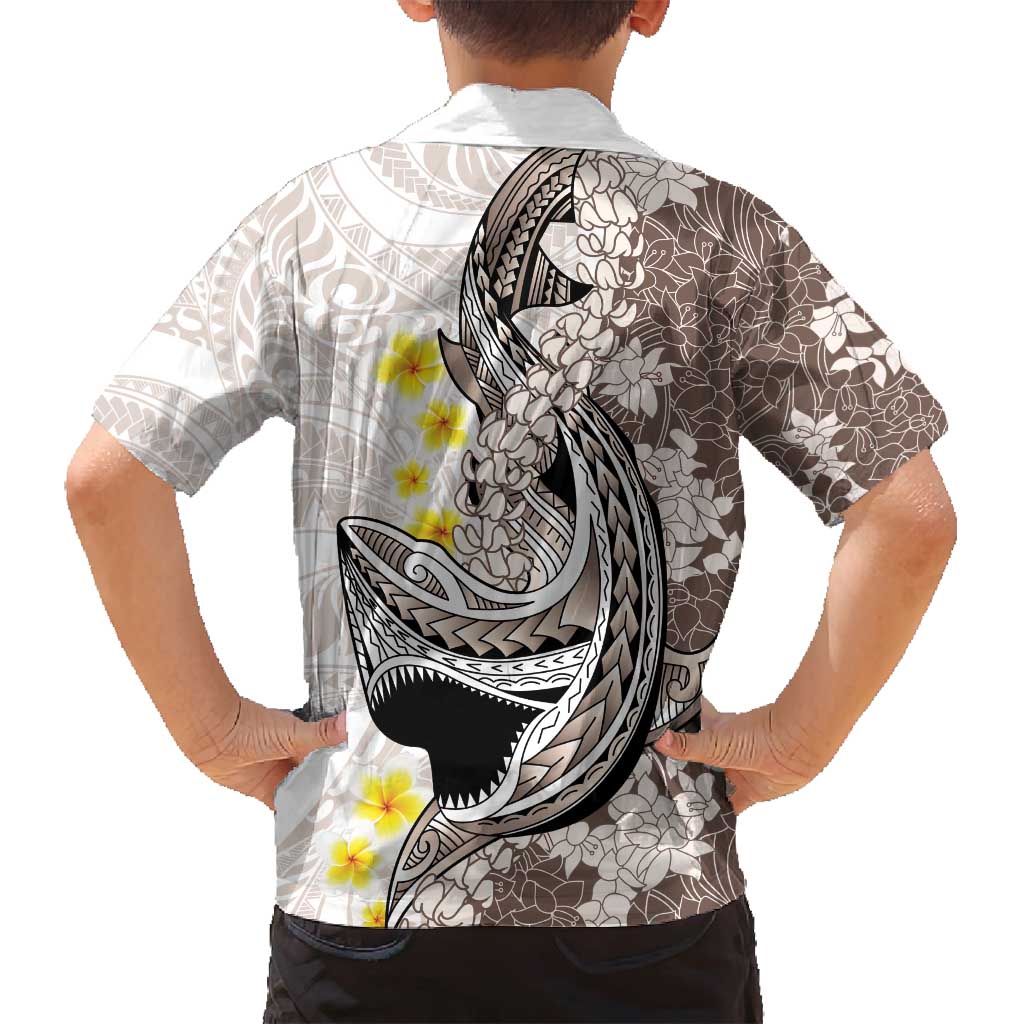 Brown and White Hawaii Shark Tattoo Family Matching Puletasi and Hawaiian Shirt Puakenikeni Lei Plumeria Polynesian Pattern - Polynesian Pride