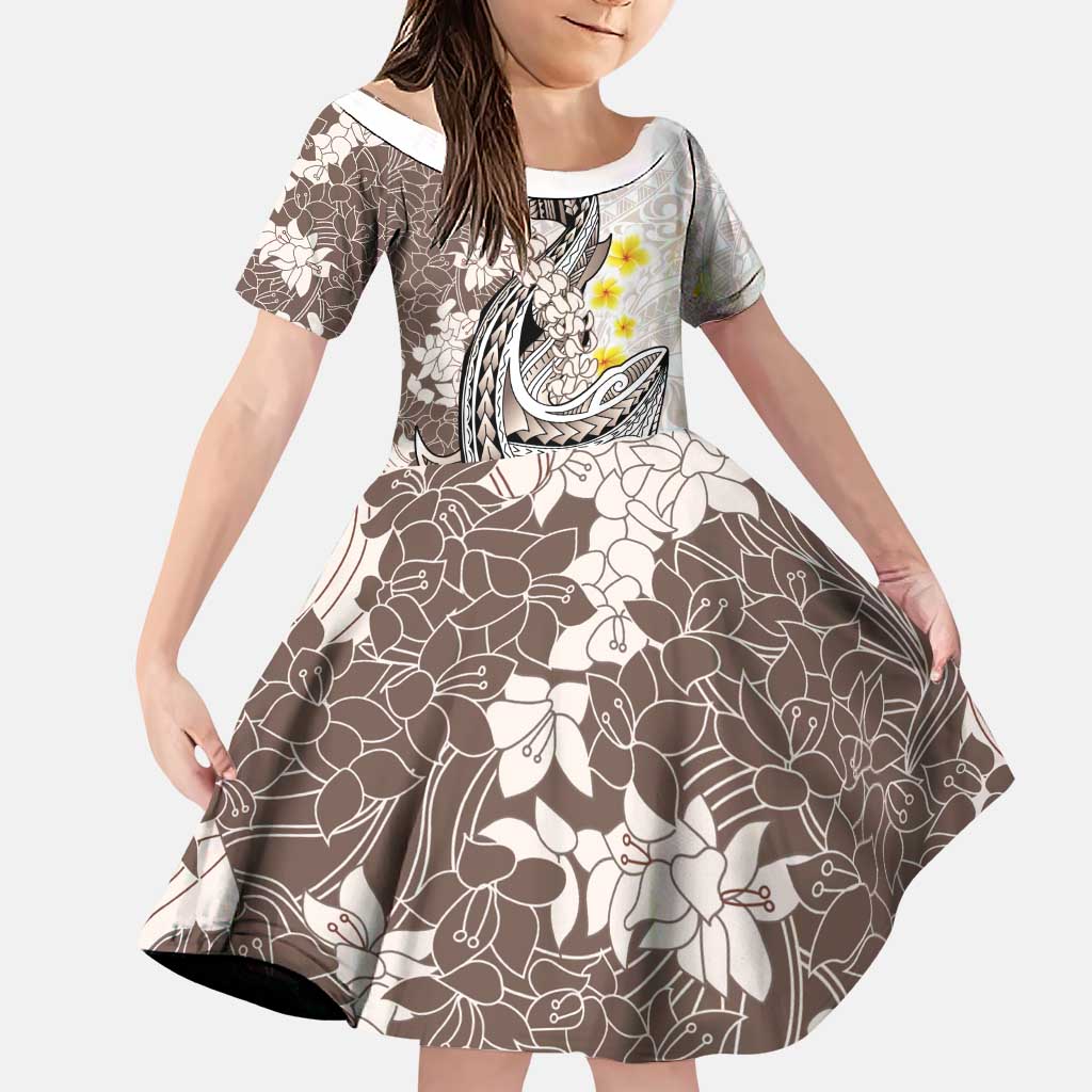Brown and White Hawaii Shark Tattoo Family Matching Puletasi and Hawaiian Shirt Puakenikeni Lei Plumeria Polynesian Pattern - Polynesian Pride