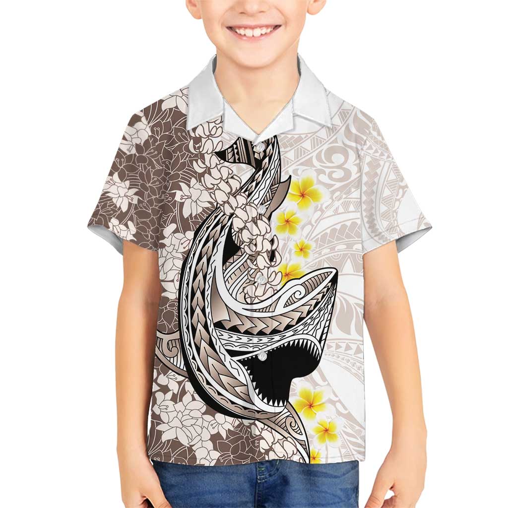 Brown and White Hawaii Shark Tattoo Family Matching Puletasi and Hawaiian Shirt Puakenikeni Lei Plumeria Polynesian Pattern - Polynesian Pride