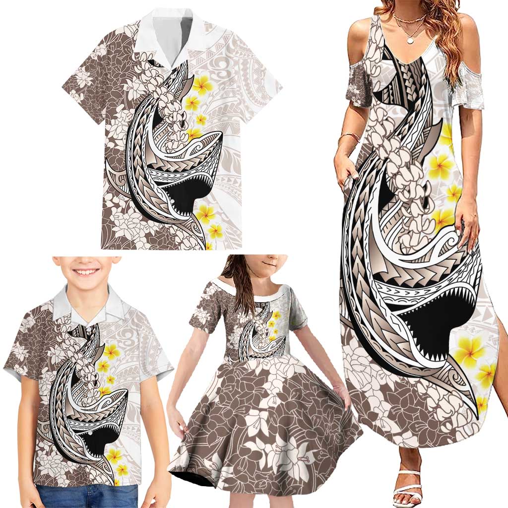 Brown and White Hawaii Shark Tattoo Family Matching Summer Maxi Dress and Hawaiian Shirt Puakenikeni Lei Plumeria Polynesian Pattern - Polynesian Pride