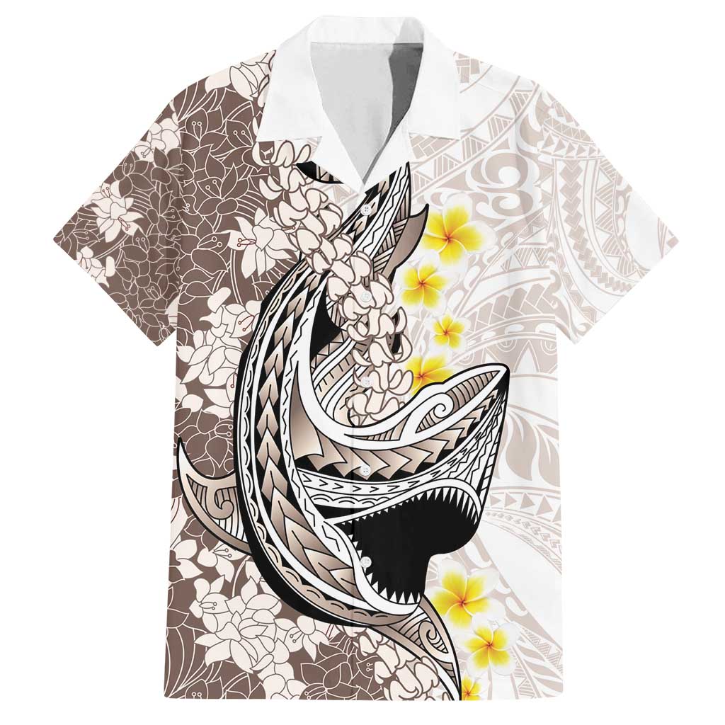 Brown and White Hawaii Shark Tattoo Family Matching Summer Maxi Dress and Hawaiian Shirt Puakenikeni Lei Plumeria Polynesian Pattern - Polynesian Pride