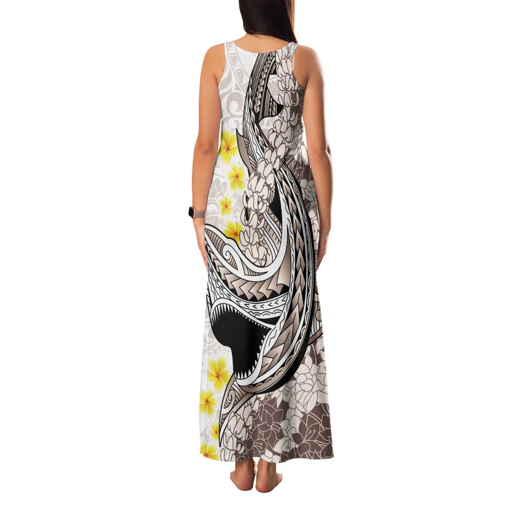 Brown and White Hawaii Shark Tattoo Family Matching Tank Maxi Dress and Hawaiian Shirt Puakenikeni Lei Plumeria Polynesian Pattern - Polynesian Pride