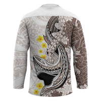 Brown and White Hawaii Shark Tattoo Hockey Jersey Puakenikeni Lei Plumeria Polynesian Pattern - Polynesian Pride