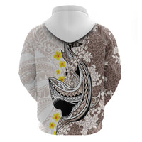 Brown and White Hawaii Shark Tattoo Hoodie Puakenikeni Lei Plumeria Polynesian Pattern - Polynesian Pride