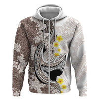 Brown and White Hawaii Shark Tattoo Hoodie Puakenikeni Lei Plumeria Polynesian Pattern - Polynesian Pride