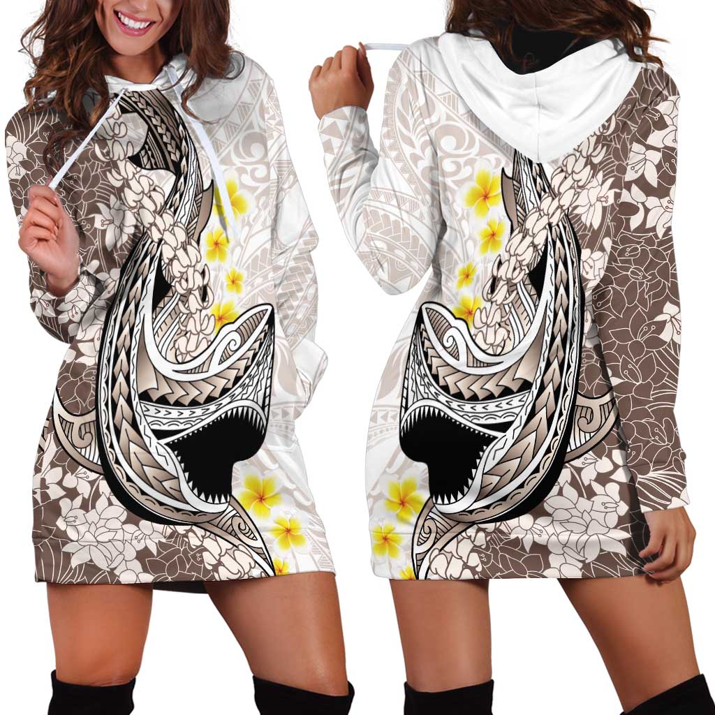 Brown and White Hawaii Shark Tattoo Hoodie Dress Puakenikeni Lei Plumeria Polynesian Pattern - Polynesian Pride