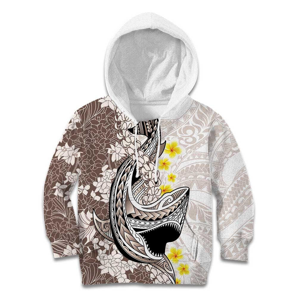 Brown and White Hawaii Shark Tattoo Kid Hoodie Puakenikeni Lei Plumeria Polynesian Pattern - Polynesian Pride