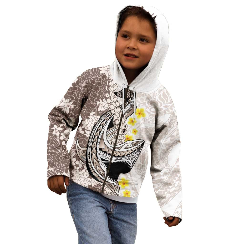 Brown and White Hawaii Shark Tattoo Kid Hoodie Puakenikeni Lei Plumeria Polynesian Pattern - Polynesian Pride